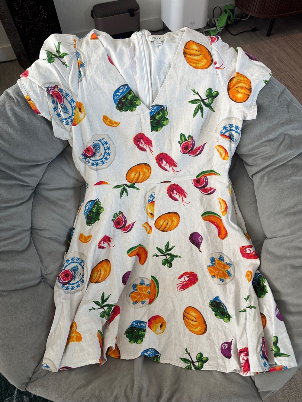 J. Crew White Cotton Dress with Colorful Fruit Print